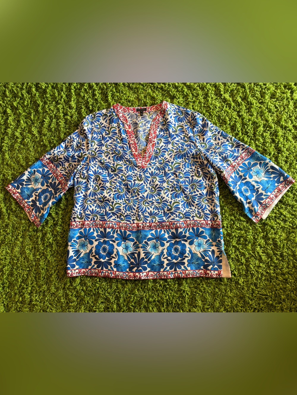 Escada Multicolor Floral V-Neck Blouse with Red Trim